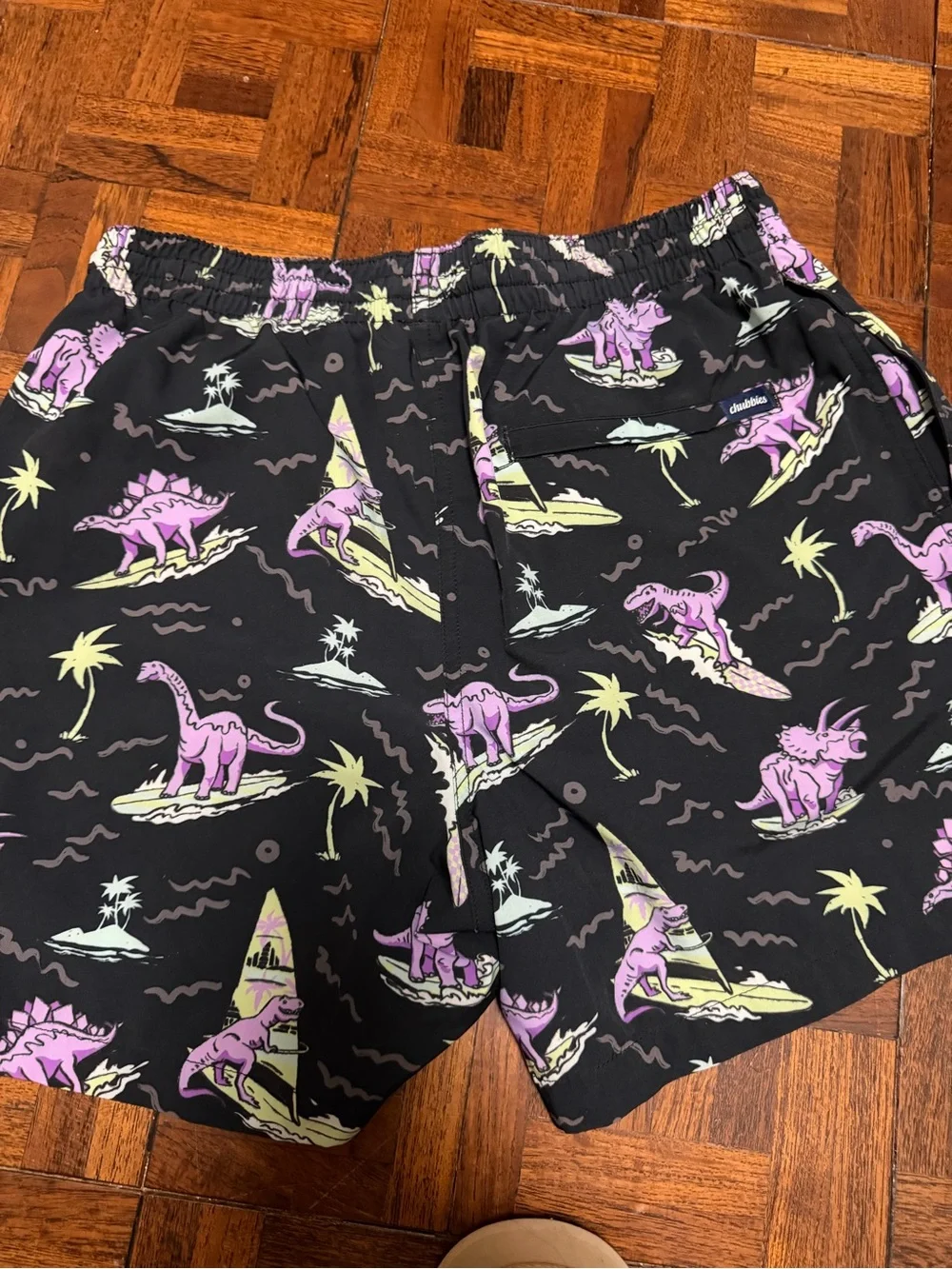 chubbies Black Swim Trunks with Purple Dino Surf Print